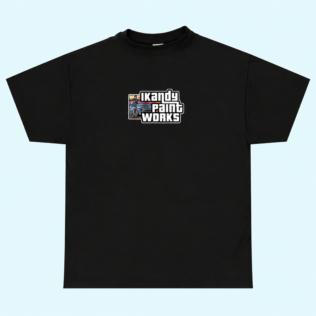 Front of the black PAINT JAIL TEE on a pale Aquatic Blue background