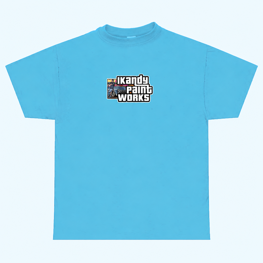 Front of the Aquatic Blue PAINT JAIL TEE on a very pale blue background