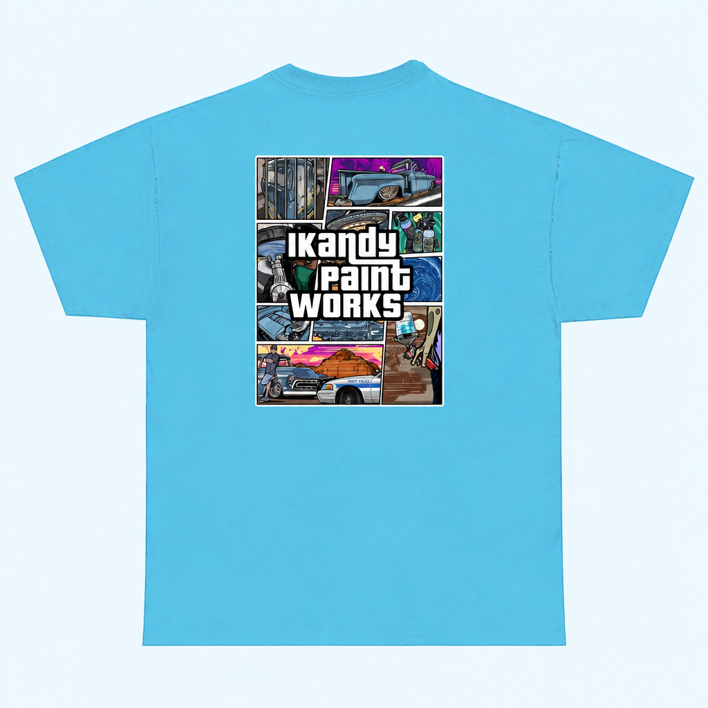 Back of the Aquatic Blue PAINT JAIL TEE on a very pale blue background